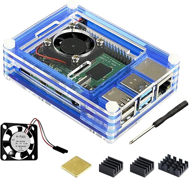 Jun_Electronic 9 Layers Case with Fan for Raspberry Pi 4 Model B, for Raspberry Pi 4B Case with Heatsink (Blue)