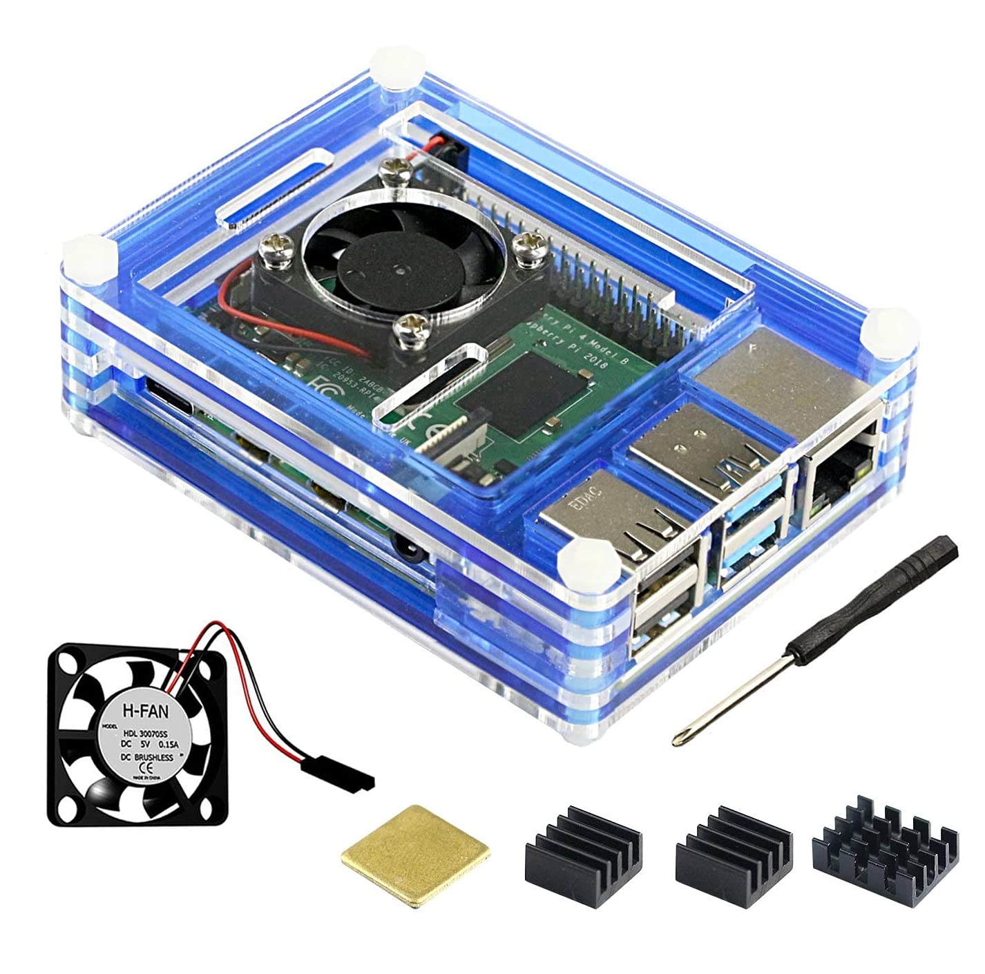 Jun_Electronic9 Layers Case with Fan for Raspberry Pi 4 Model B, for Raspberry Pi 4B Case with Heatsink (Blue)