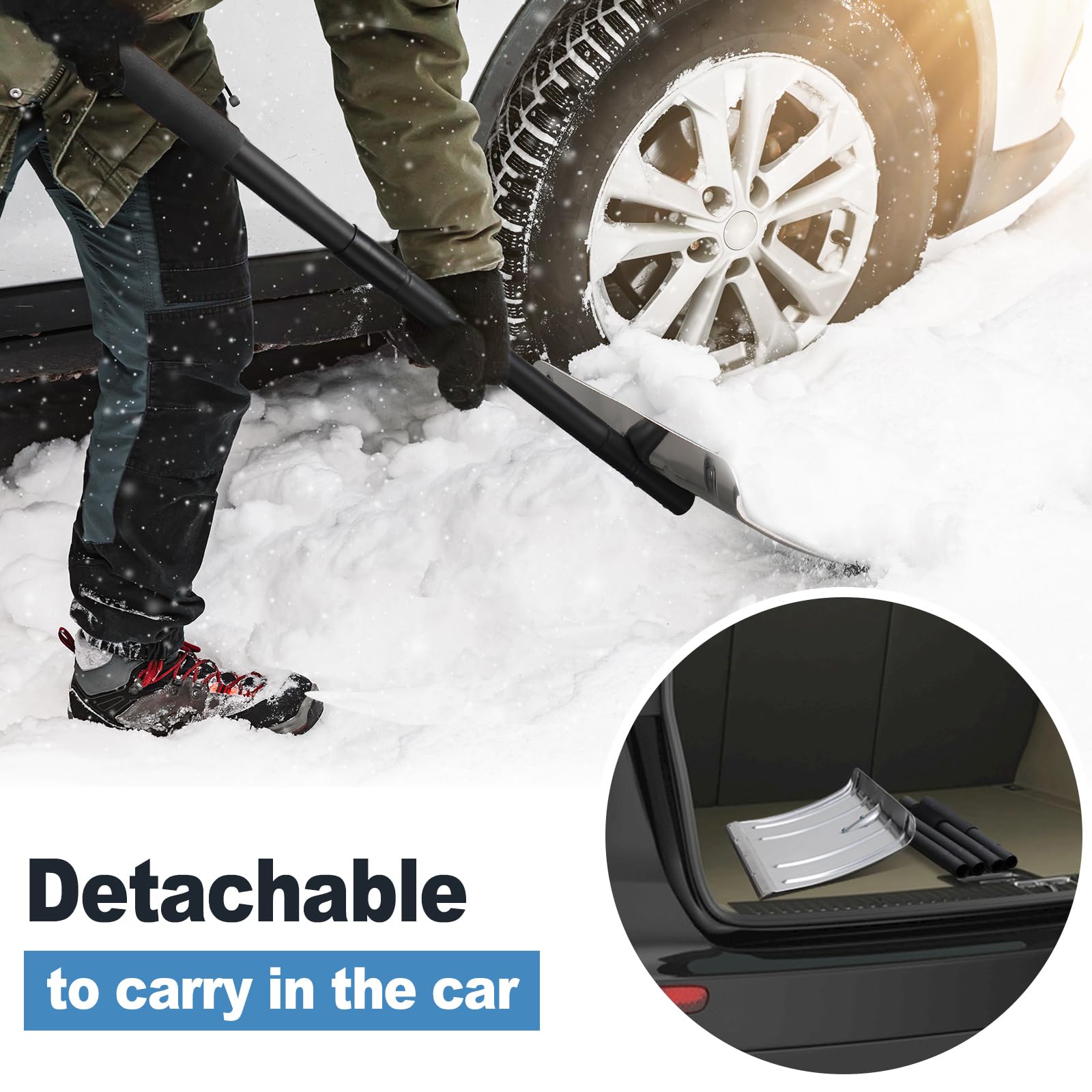 Pala quitanieves para entrada de vehículos, pala quitanieves de aluminio resistente, mango largo de 67", pala ergonómica de metal para empujar la nieve, portátil para el maletero del automóvil, el g