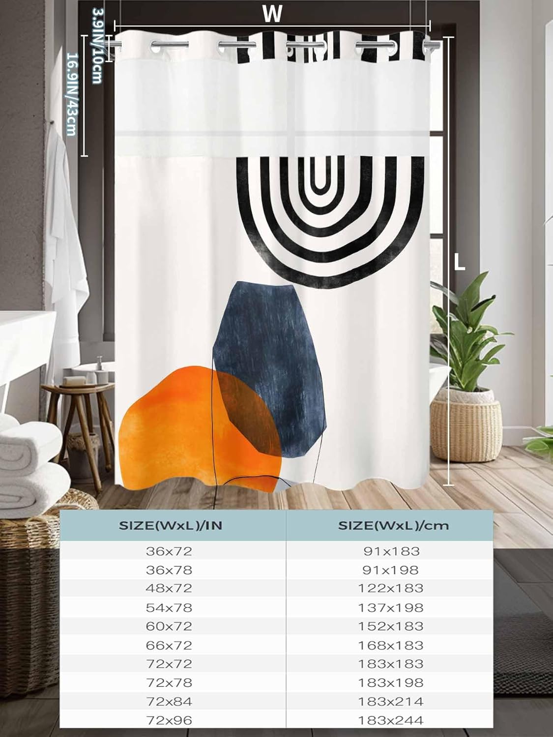 Teamery No Hook Shower Curtain with Snap in Liner, Modern Bohemian Pattern Curtain Set See-Through Top Double Layers Fabric Shower Curtains Abstract Geometric Art for Bathroom Decor, 72x84in