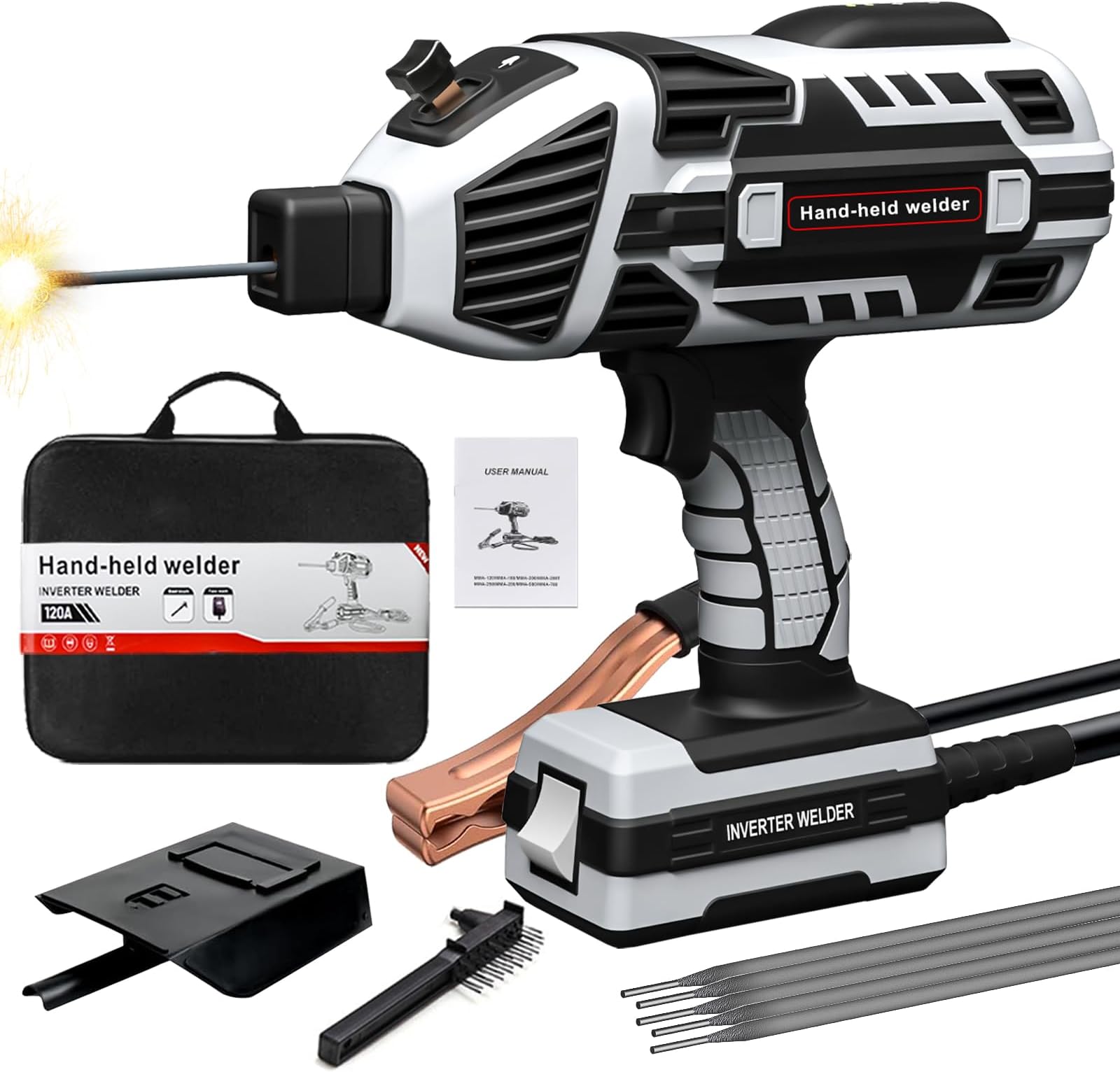 Welding Machine Handheld 110V 120Amp Portable ARC Welder Gun Hand Held Welder Machine with IGBT Inverter 5 Variable Current Adjustment for 1/16''-1/8'' Welding Rods