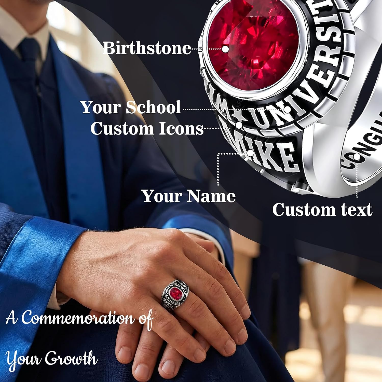 Custom Class Rings for Women High School Personalized 2026 Sterling Silver Graduation Ring with Customized Name Birthstone for Her Grad University College School Friends Daughter Women
