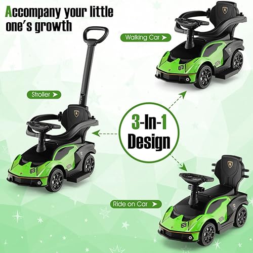 Miniatura 2 de Auto de empuje para niños, cochecito de juguete 3 en 1 para niños pequeños con asa de empuje, barandilla, caminante deslizante de pie a piso con