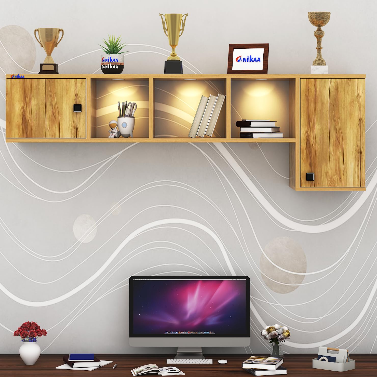 Anikaa Orin Light Premium Cabinet with Display Shelves with Storage Cabinet and Ambient LED Lighting | Floating Book Shelf for Home, Office & Bedroom | DIY Assembly Giantwood Finish-image-40