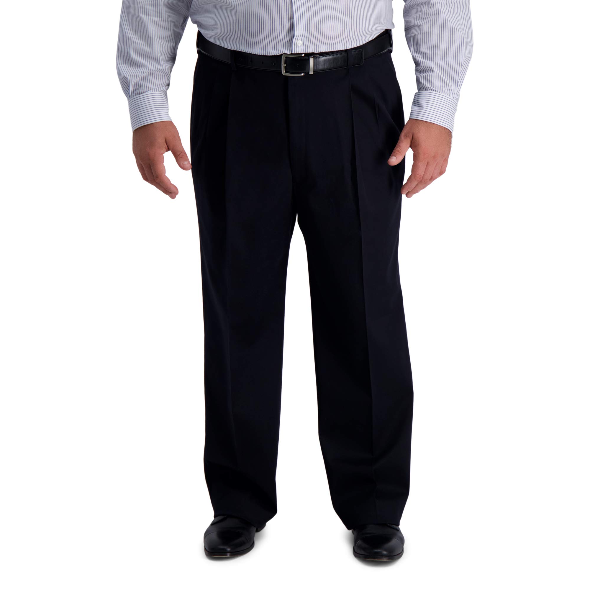 Haggar Men's B&t Khaki Pleat Front Expandable Waistband Casual Pant, Caviar, 48W x 32L