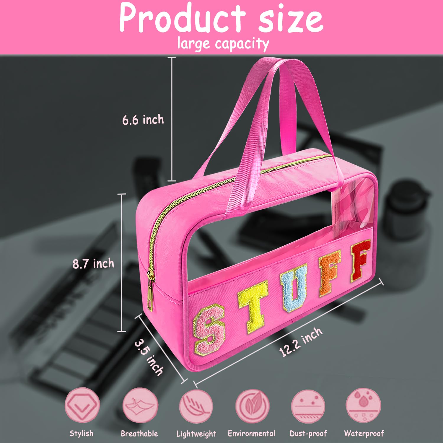Chenille Letter Clear Makeup Bag Stuff Patch, Travel Toiletry Makeup Bag with Handle, Nylon Waterproof Makeup Bags clear cosmetic bag, preppy patch makeup bag for Women (STUFF-Hot Pink)
