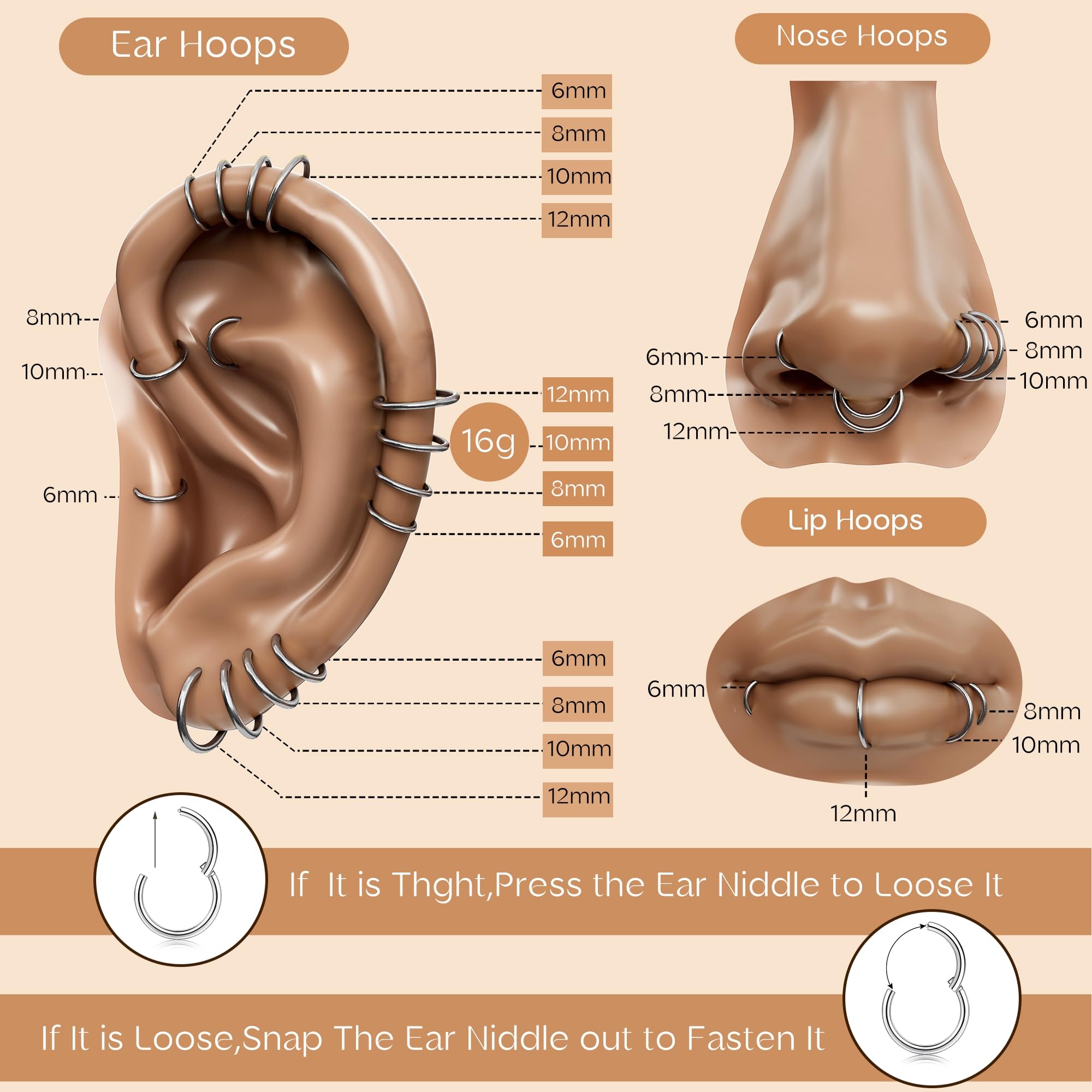 YADOCA 12 Pcs Acero Quirúrgico Piercings Nariz Septum Piercing 16G Segmento Anillo Cuerpo Piercing Nariz Aro Labio Anillos Cartílago Concha Helix Pendientes para Mujeres Hombres 6-16mm