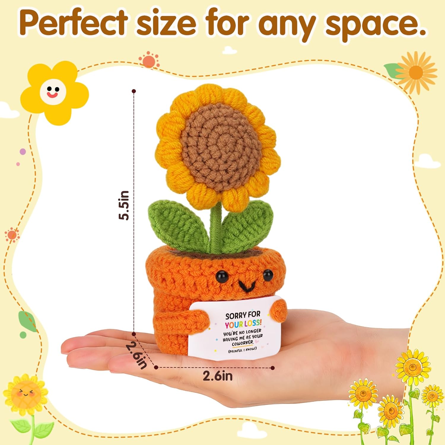 Crochet Sunflower Plant Coworker Farewell Gift– Funny Office Desk Decor – Handmade Retirement, Going Away, Goodbye Gift for Colleague, Employee, or Boss Leaving Job – Cute Positivity Plush for Work - Image 4