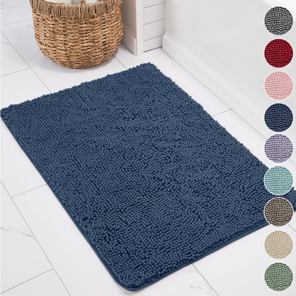 KANGAROO Bathroom Rugs, Chenille Soft Absorbent Bath Rug, Shaggy Shower Mat, Quick Dry Machine Wash Bathmat, Plush Carpet Mats for Tub, Bathtub and Room Home Decor Accessories, 60x24, Navy Blue