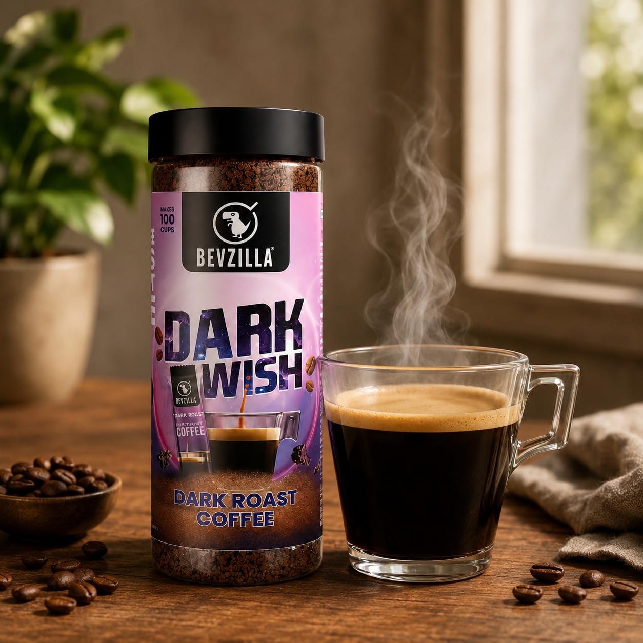 Bevzilla Black Roast (Dark Wish) - Caffè forte in polvere, 200 g, per 100 tazze, caffè arabica in polvere, audace e intenso, ideale per espresso, cappuccino, latte macchiato, preparato per birra calda