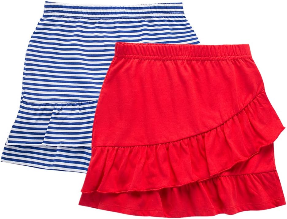 UNACOO 2 Packs 100% Cotton Tiered Ruffle Skirt with Elastic Waistband for Girls