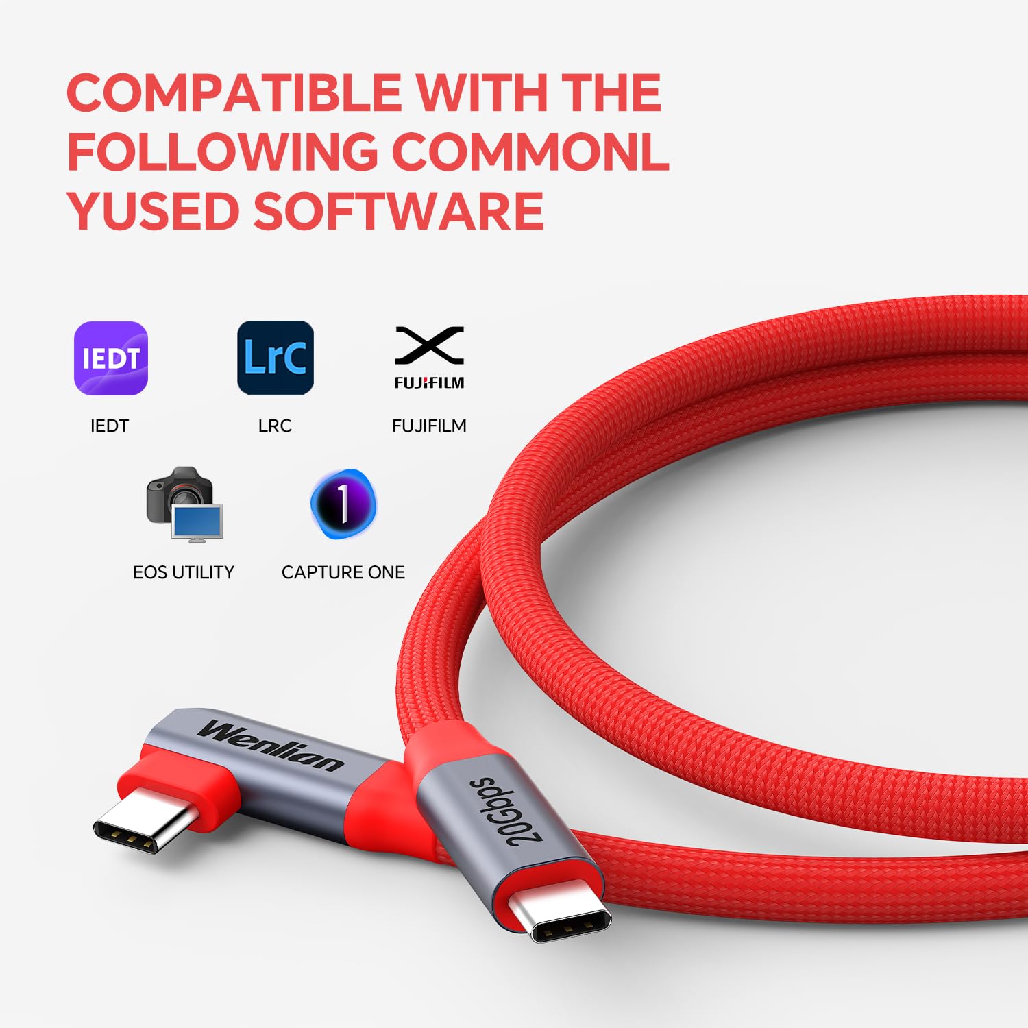 16ft USB-C to USB-C Camera Data Sync Cable, 20Gbps Data Transfer, 90° Right Angle, Nylon Braided, Gold-Plated Ends, Stable Connection for Sony Canon Nikon DSLR Camera, External SSD, MacBook Air/Pro