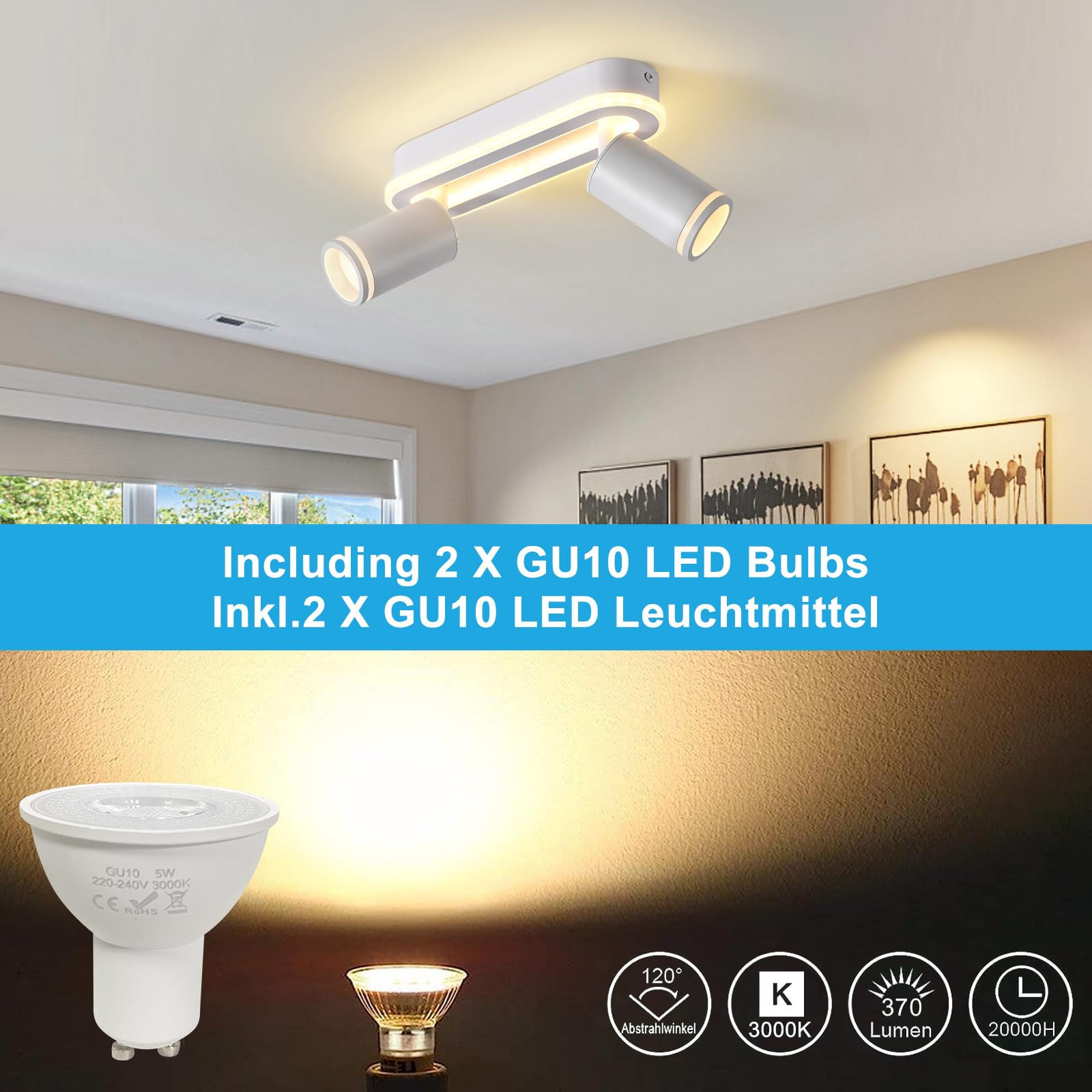 SANSHI Faretti da Soffitto Orientabili Interno LED 2 Luce,Faretti da Parete con Inferiore 15W+2x5W,GU10 Lampadario Faretti,Moderna Plafoniera Faretti Bianco Caldo 3000K per Cameretta Cucina,Bianco