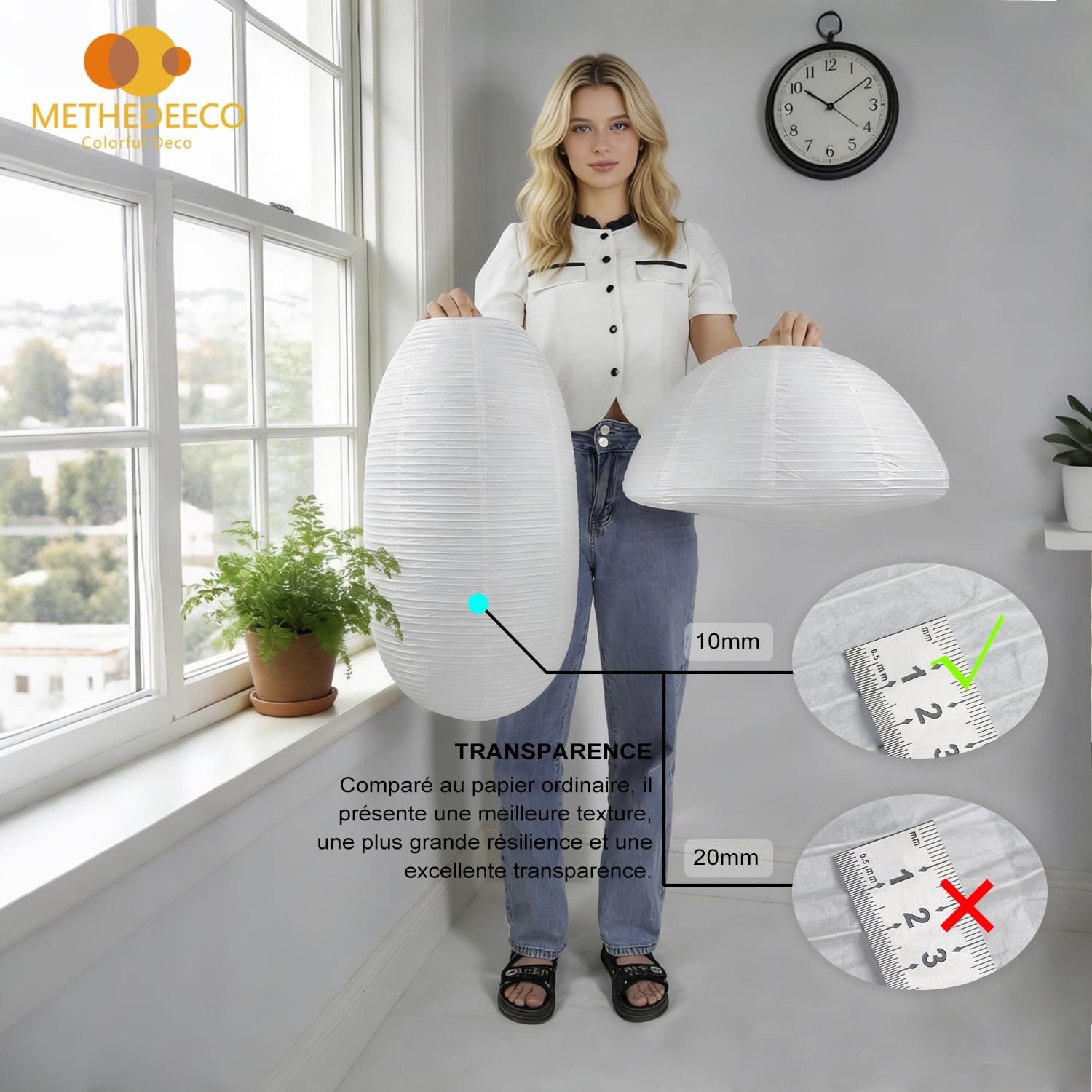 METHEDEECO Lot de 2 Abat-jours Suspension en Papier Blanc | 1 Ovale 53 x 31 cm + 1 Demi-Sphère 49 x 23 cm, Style Bohème Japandi Minimaliste, Lumière Douce