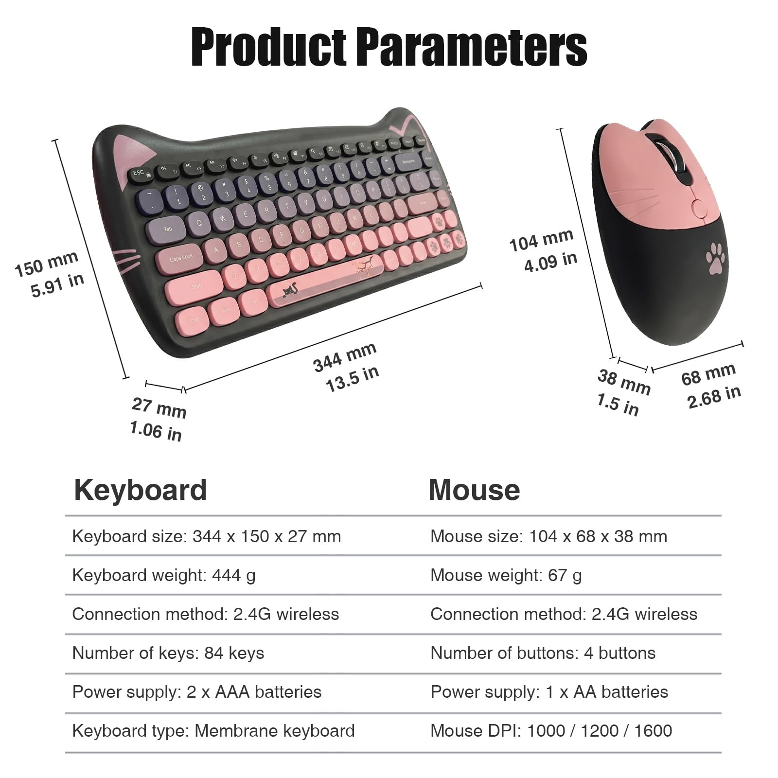 Cute Cat 2,4 G USB-Tastatur und Maus, kabellose Tastatur- und Maus-Kombination, leise Tasten, Bonbonfarben, kompatibel mit Notebook, PC (BlackPink-84Keys)