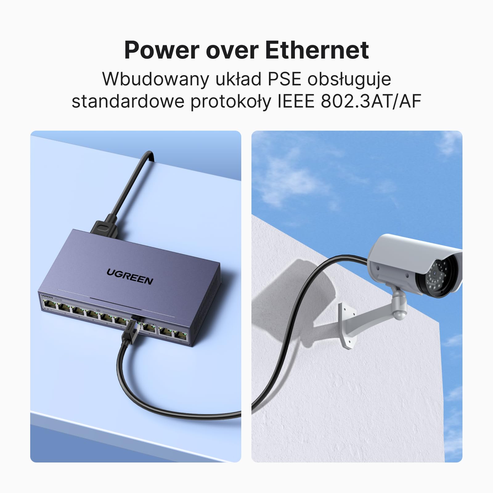 UGREEN Przełącznik sieciowy Gigabit PoE LAN z 10 portami, 8 przełącznikami PoE + 2 portami Gigabit Uplink,przełącznik sieciowy idealny do rejestratorów NVR, kamer IP，Niezarządzane