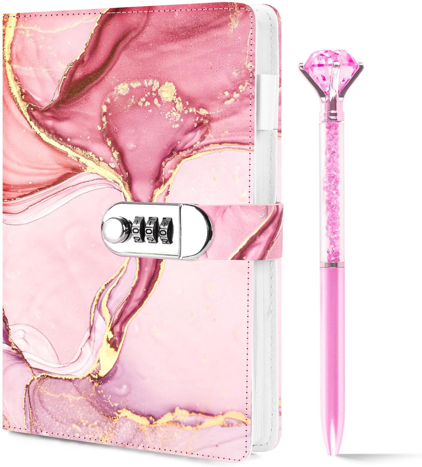 Koogel Diary with Lock, A5 PU leather Journal with Lock 120 Sheets Password Locked Travel Notebook with Crystal Diamond Pen Pink