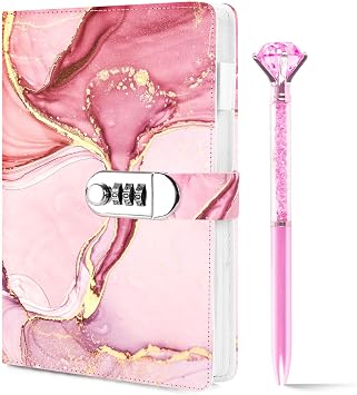 Koogel Diary with Lock for Girls Ages 8-12, A5 Journal with Lock 240 Pages, Kids Locking Secret Diary Writing Journal with Pen, Cute Birthday Gifts Stuff for Teen Tween Girls Age 8 9 10 11 12, Pink