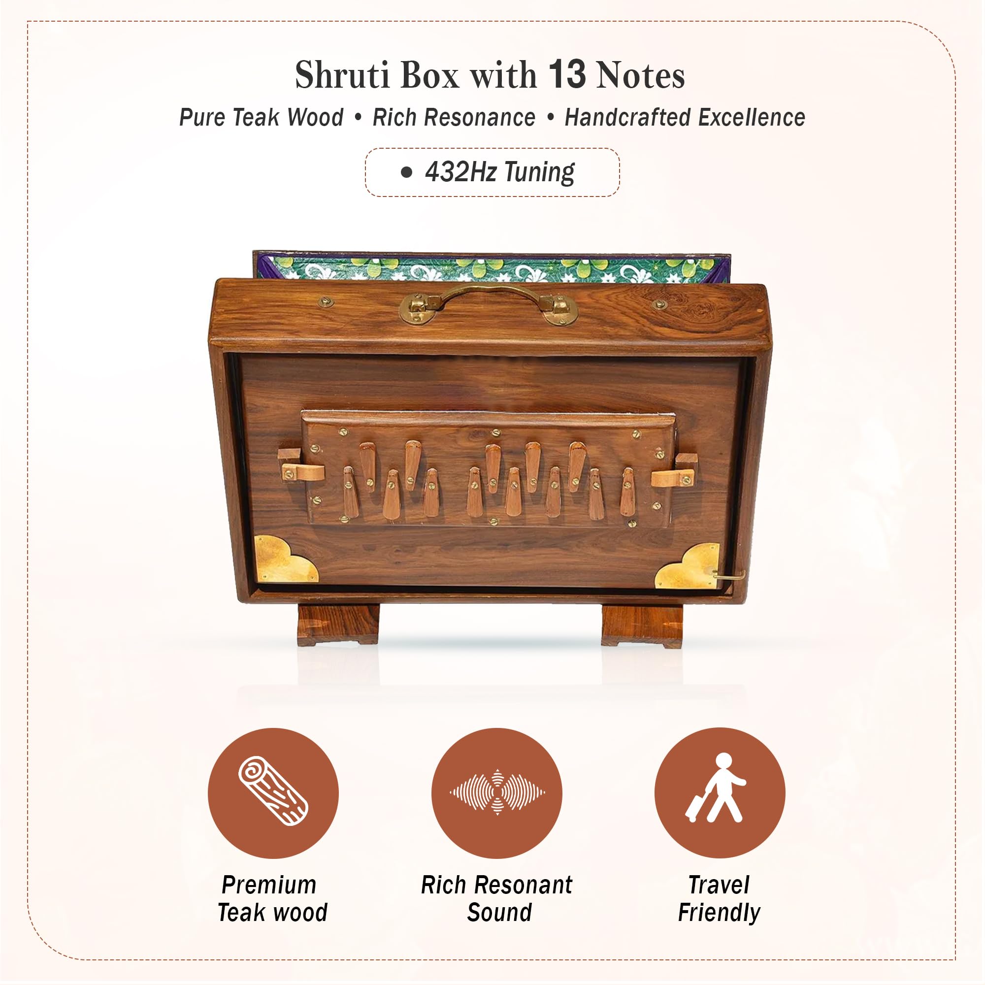 Shruti Box with 13 note Tuned 432 Hertz Padded Carry Bag Made by Teak wood