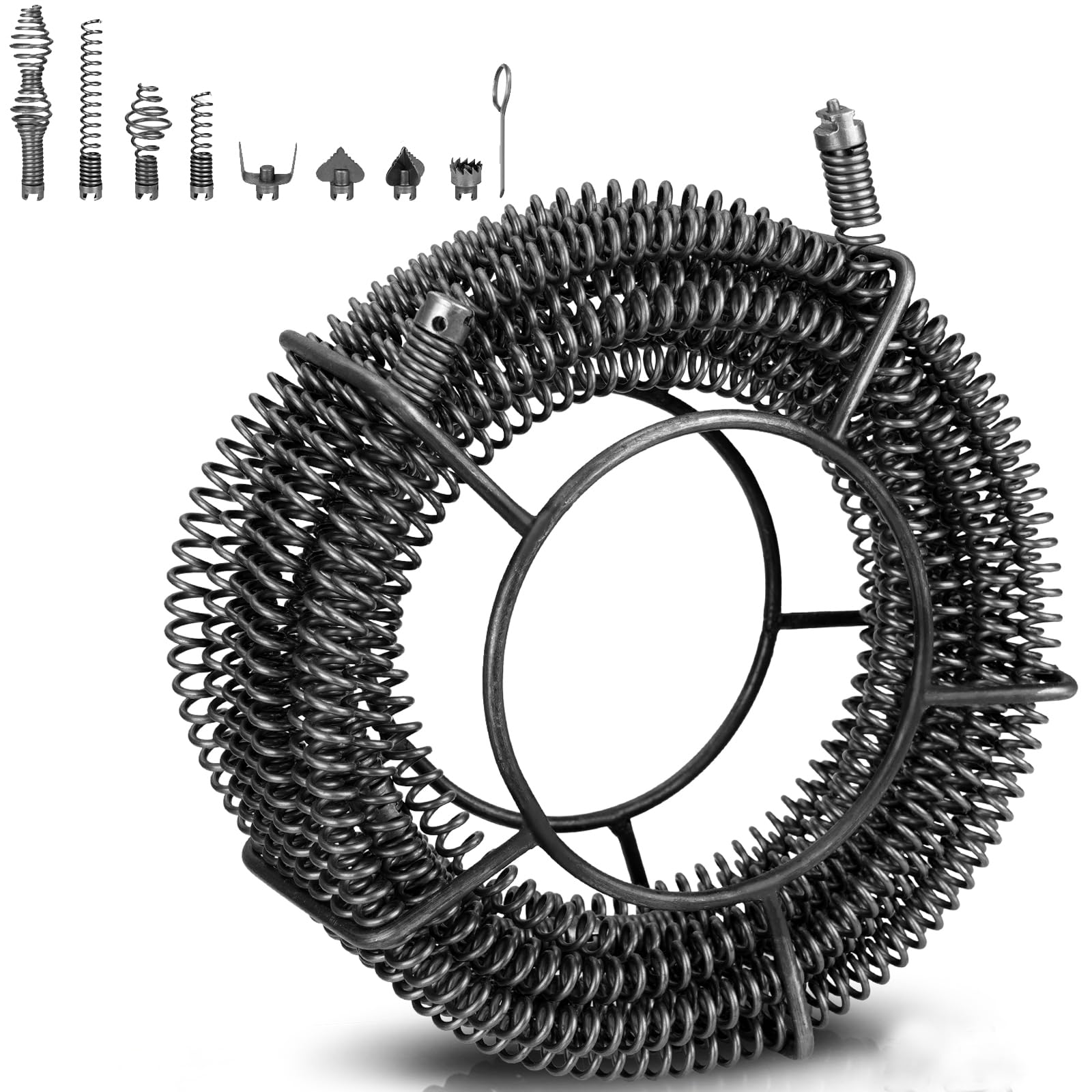 Juego de espirales para limpieza de tubos de 32-100 mm (15 m x 16 mm de diámetro + 8 cabezas) | Para máquina de limpieza de tuberías, limpiador de tuberías, desatascador de desagüe, espiralita de desagüe