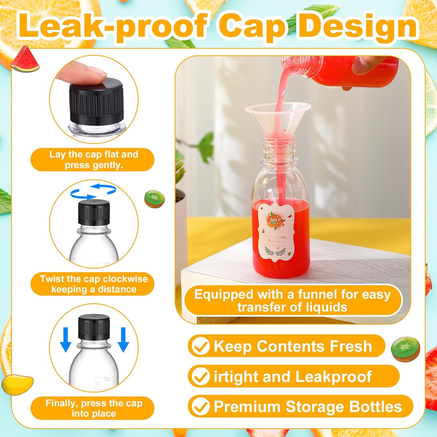 LemonRoad 50 Pcs 4 oz Small Plastic Juice Bottles with Black Cap Mini Reusable Clear Shot Jar with Lid Scale and Label for Ginger Liquid Drink Milk Beer Coffee Storage Container Portable Travel