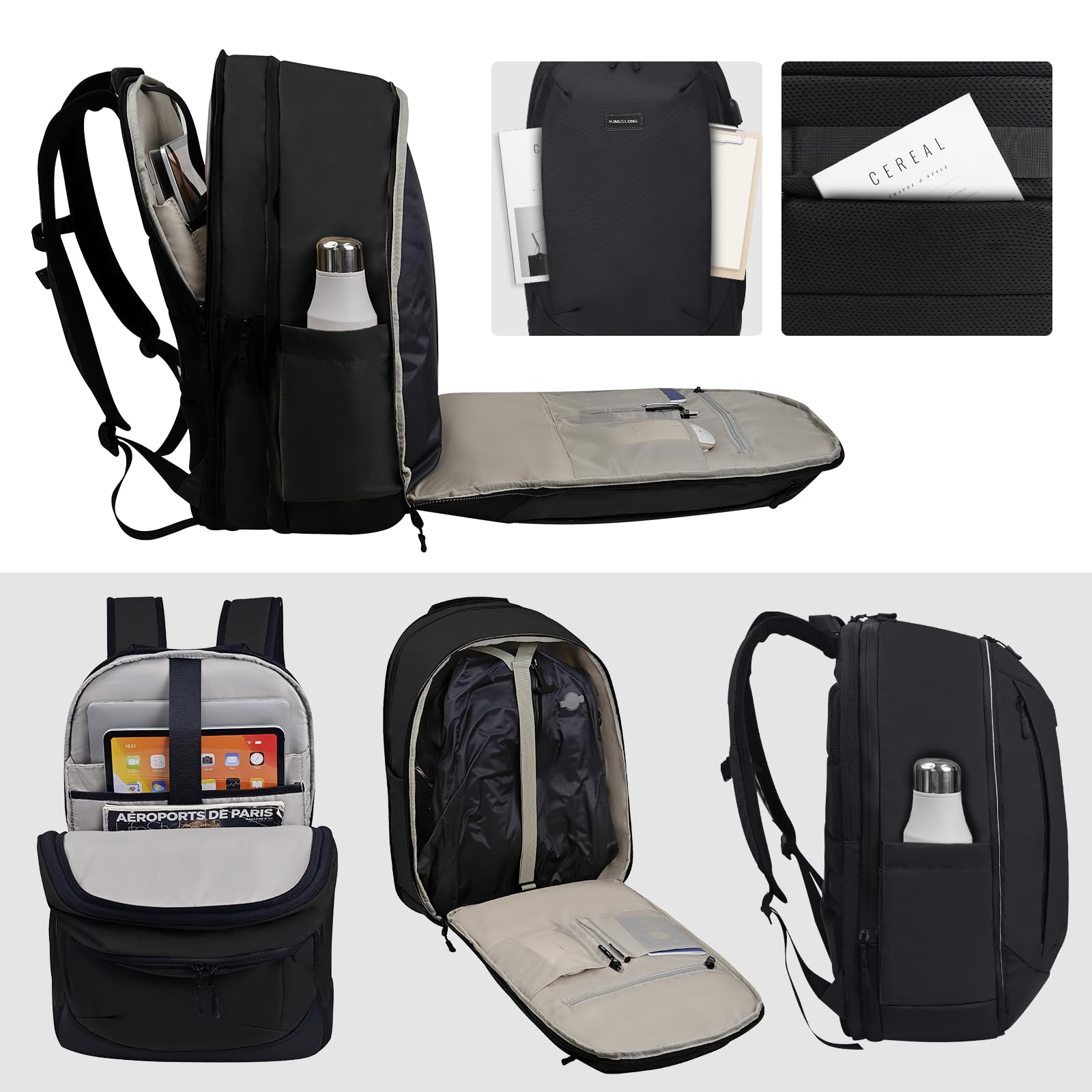 KINGSLONG Sac a Dos Sous Vides: 65L RÉSISTANT À L'EAU Sac de Voyage Vide COMPACT PROTECTION LAPTOP 17.3'' Pome Incluse IDÉAL Avion/EASYJET/RYANAIR ÉTanche Sac à Dos Business Outdoor Hiking Noir