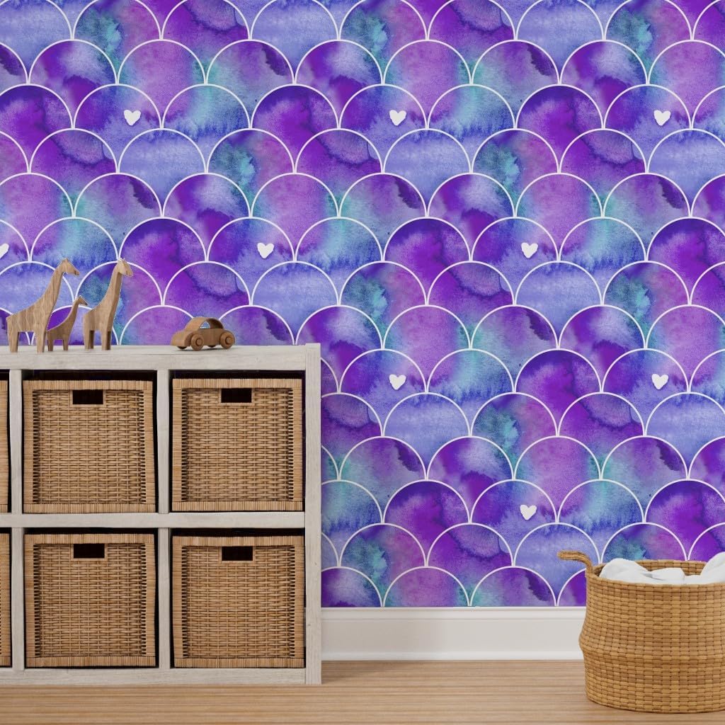 Peel & Stick Wallpaper 3ft x 2ft - Scallops, Mermaid, Scales, Watercolor, Dragon, Purple, Aqua, Fantasy, Cosplay, Mythical, Custom Removable Wallpaper by Spoonflower