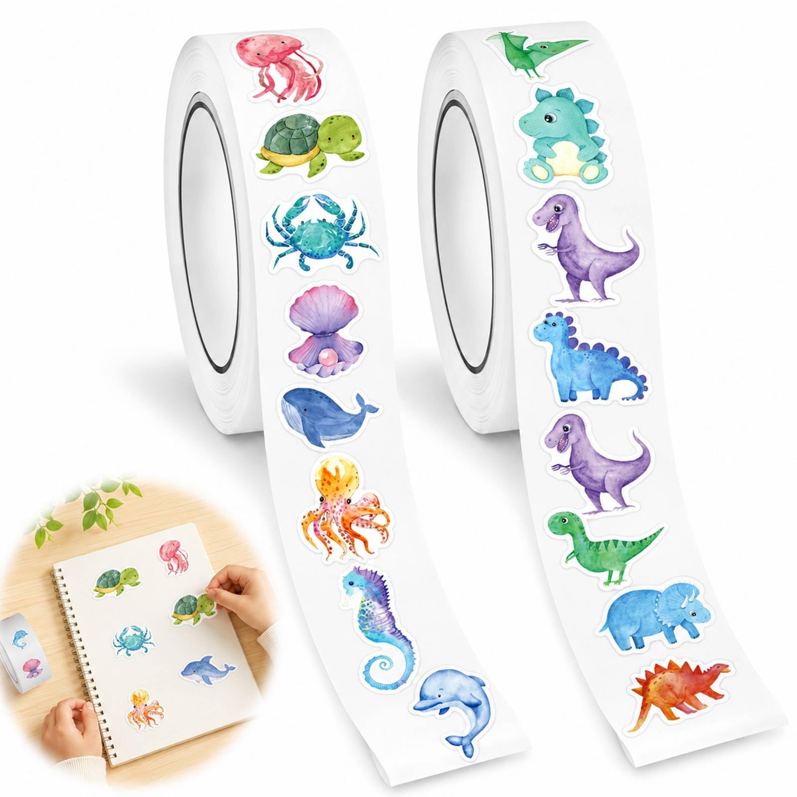 2 Rolls 1000PCS Stickers Roll, 1 Inch Self Adhesive (Sea and Dinosaurs)