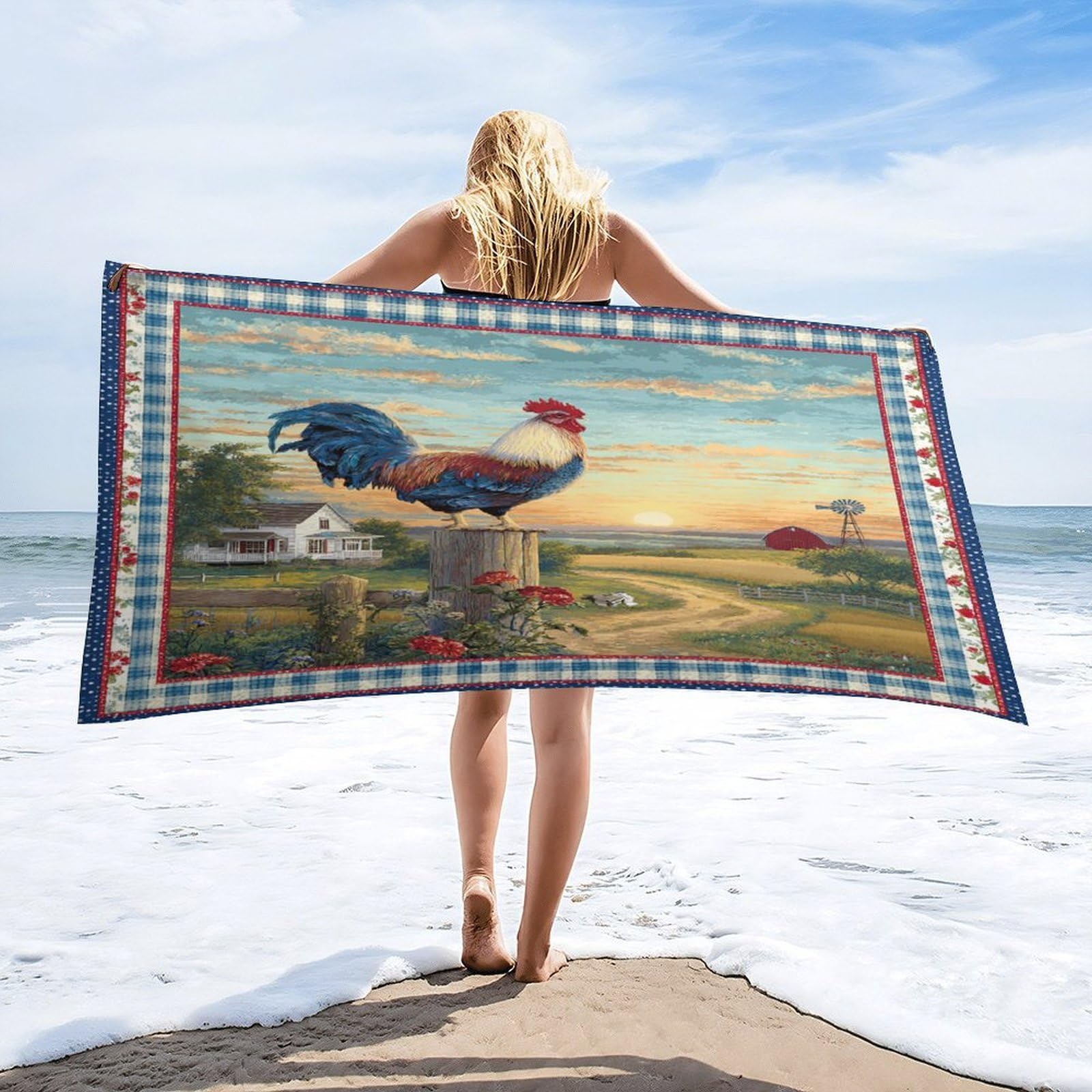 Luyysky Classic Rustic Animal Chicken Absorbent Beach Towel, Modern Realistic Sunrise Farm Log Cabin Windmill Plant Flowers Outdoor Single-Sided Velvet Beach Towel-80 W Cm X 160" L Cm