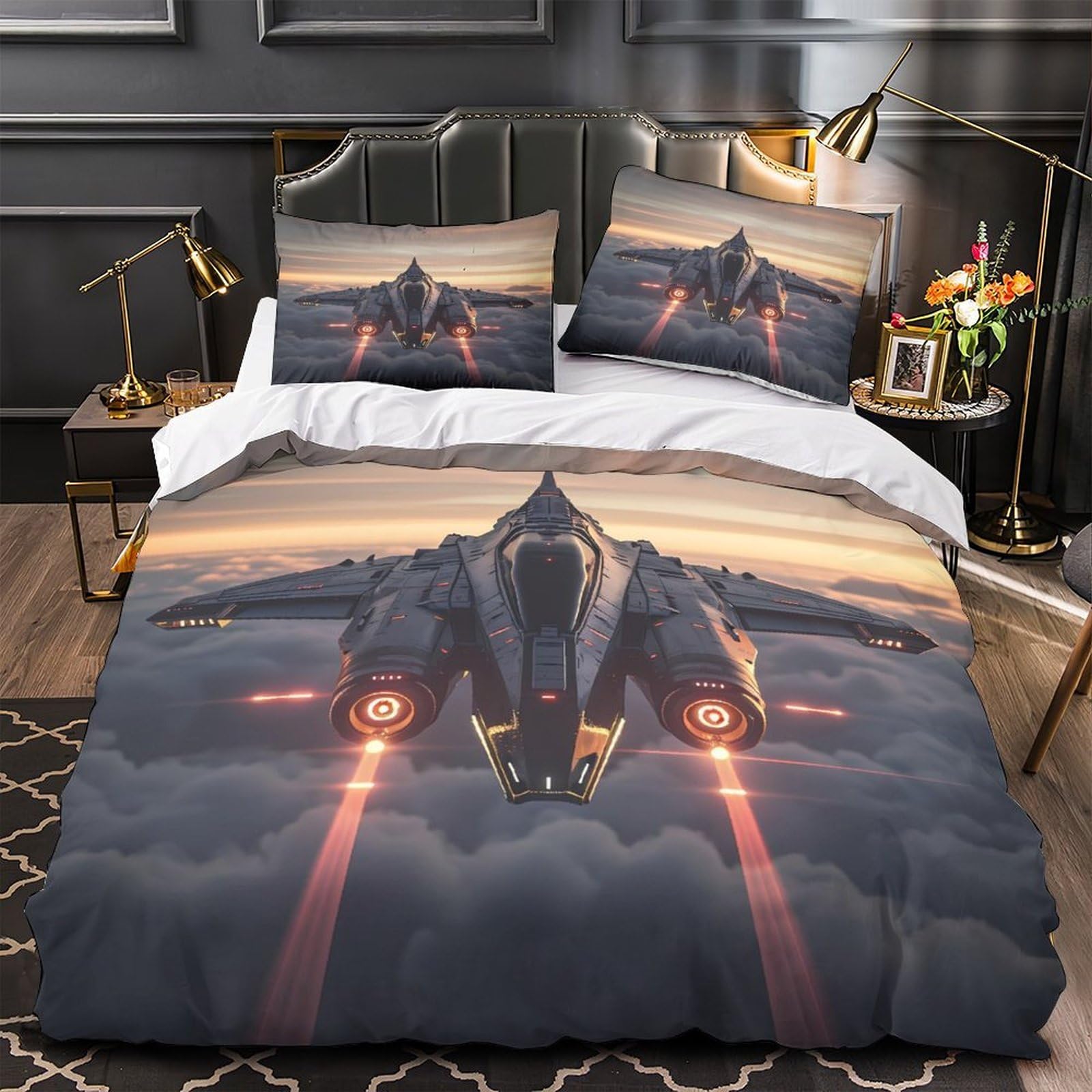 Parure de lit hypoallergénique 3d vaisseau spatial housse couette fermeture éclair