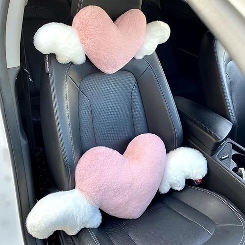 Miniatura 10 de 1 paquete de almohada mullida con forma de corazón con alas para reposacabezas de coche y 1 almohadilla para cinturón de seguridad para conducción