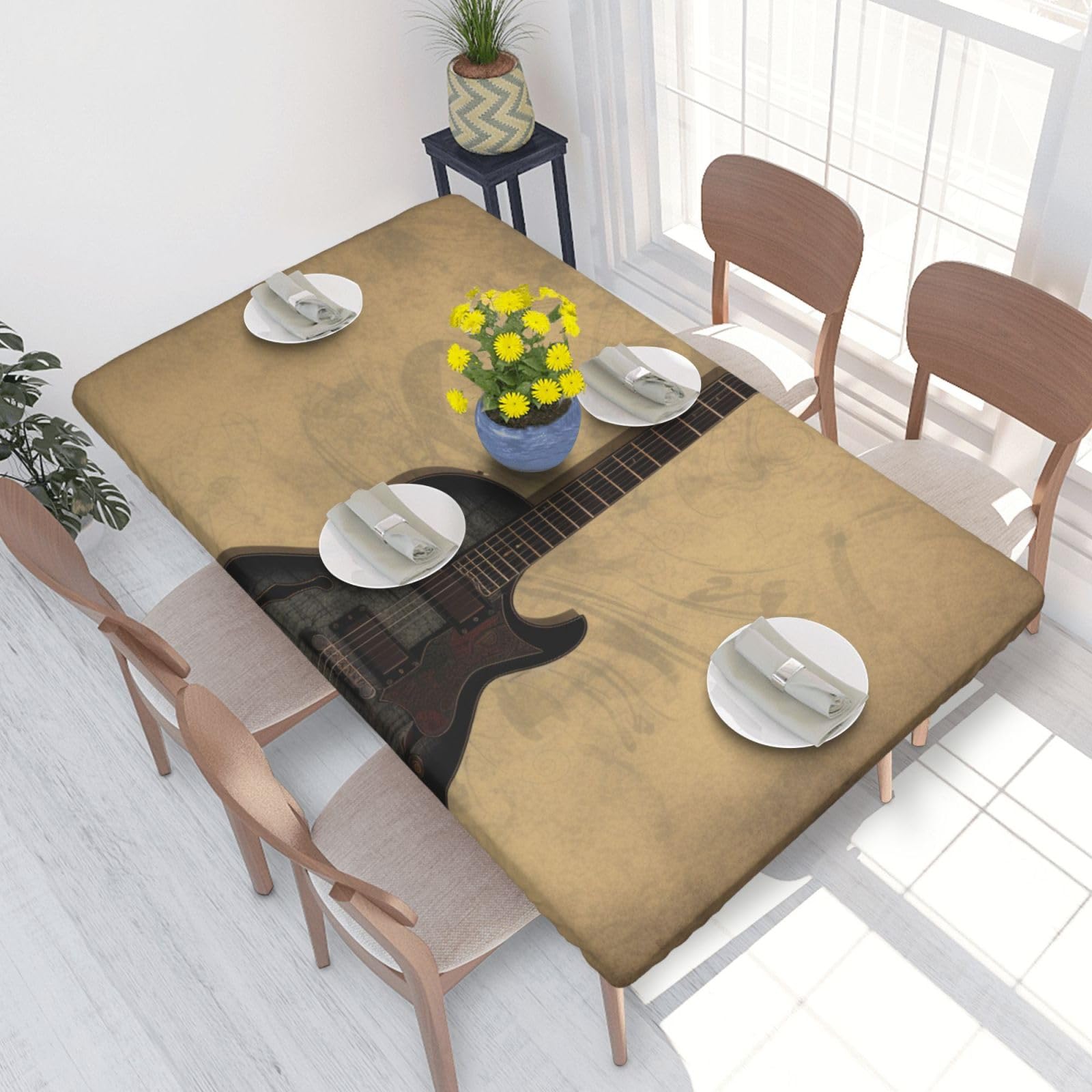 DCARSETCV Vintage Musical Guitar Printed 4FT Waterproof Tablecloth with Elastic Edged Protect & Decor Your Table, Oil-proof Washable Table Cloth Cover for Dinner Picnic Party