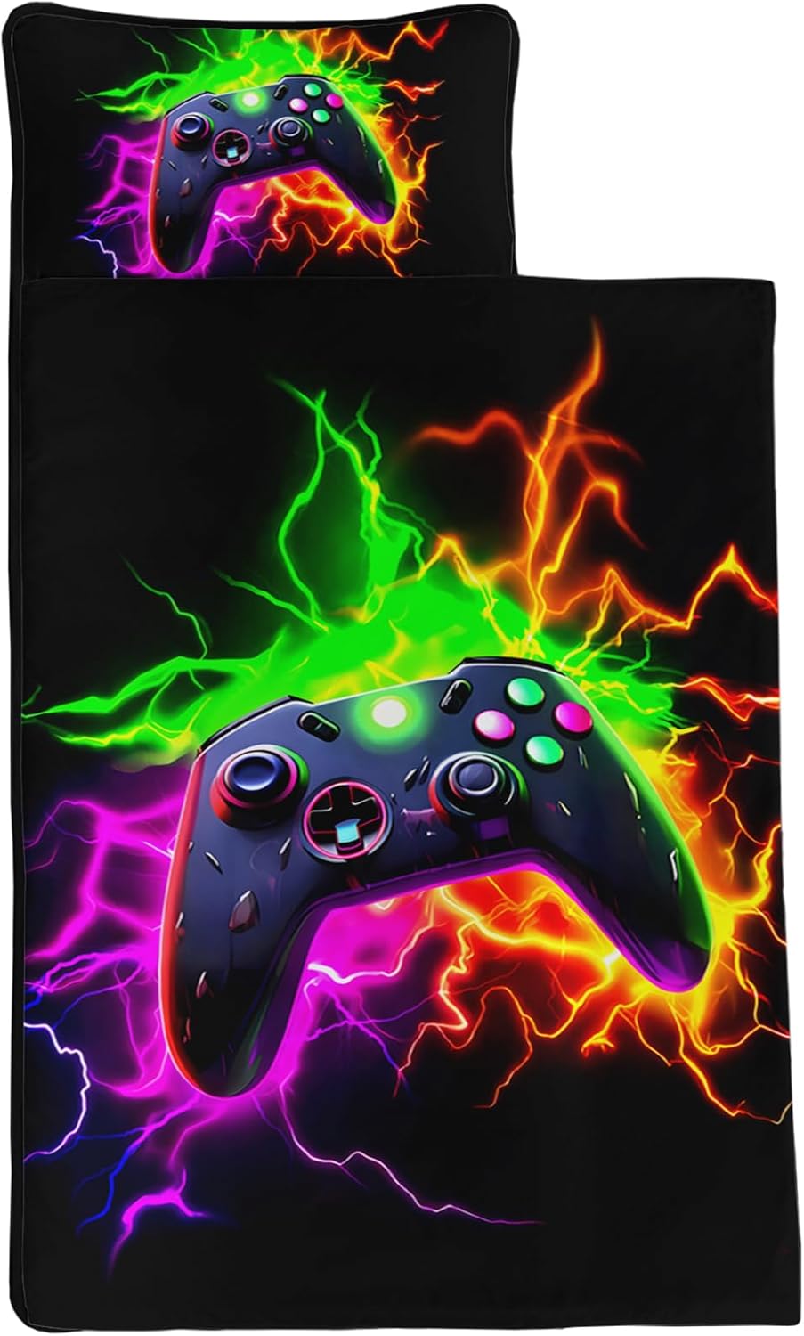 Axolotl Gamepad Nap Mat with Removable Pillow and Blanket,Game Gamepad Slumber Bag for Boys Kids,3D Video Game Console Rolled Napping Mat,Gaming Sleeping Bag for Trave,Purple Green Orange,50" L*21" W