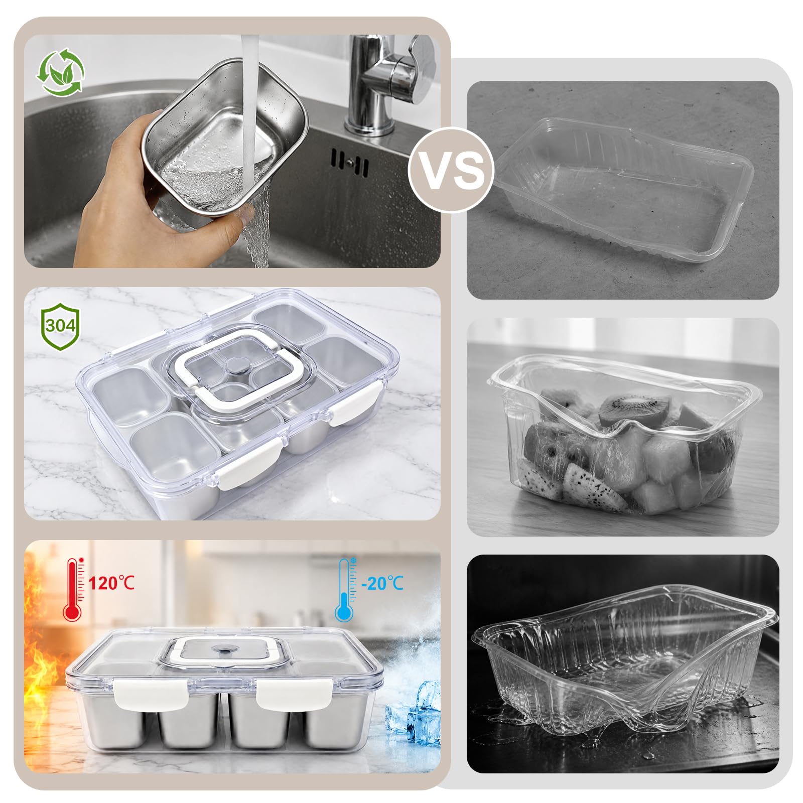 Lot de Snack Box avec 8 Pcs Boites Inox 300 ml | Boite Conservation Alimentaire de 4500ml avec Couvercle et Poignée, Senza BPA, Boîtes Alimentaires pour Meal Prep