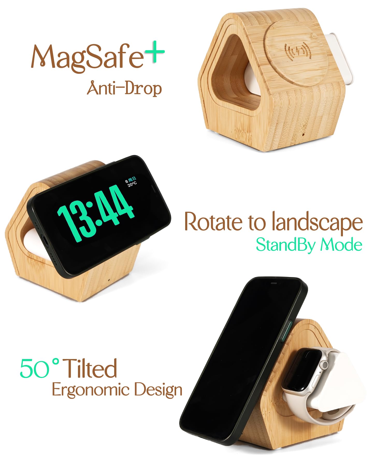 Bambusowa bezprzewodowa stacja ładująca do Apple: stojak na ładowarkę 3 w 1 ze stylem kabinowym do iPhone'a 16, 15, 14, 13, 12, Apple Watch 10-2, Ultra, AirPods 4-2, Pro, bezprzewodowa ładowarka