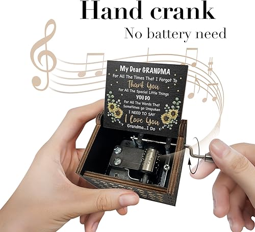 Miniatura 2 de Caja de música de regalo para abuela You are My Sunshine con manivela de mano, cajas musicales de madera grabadas con girasol, regalo para abuela