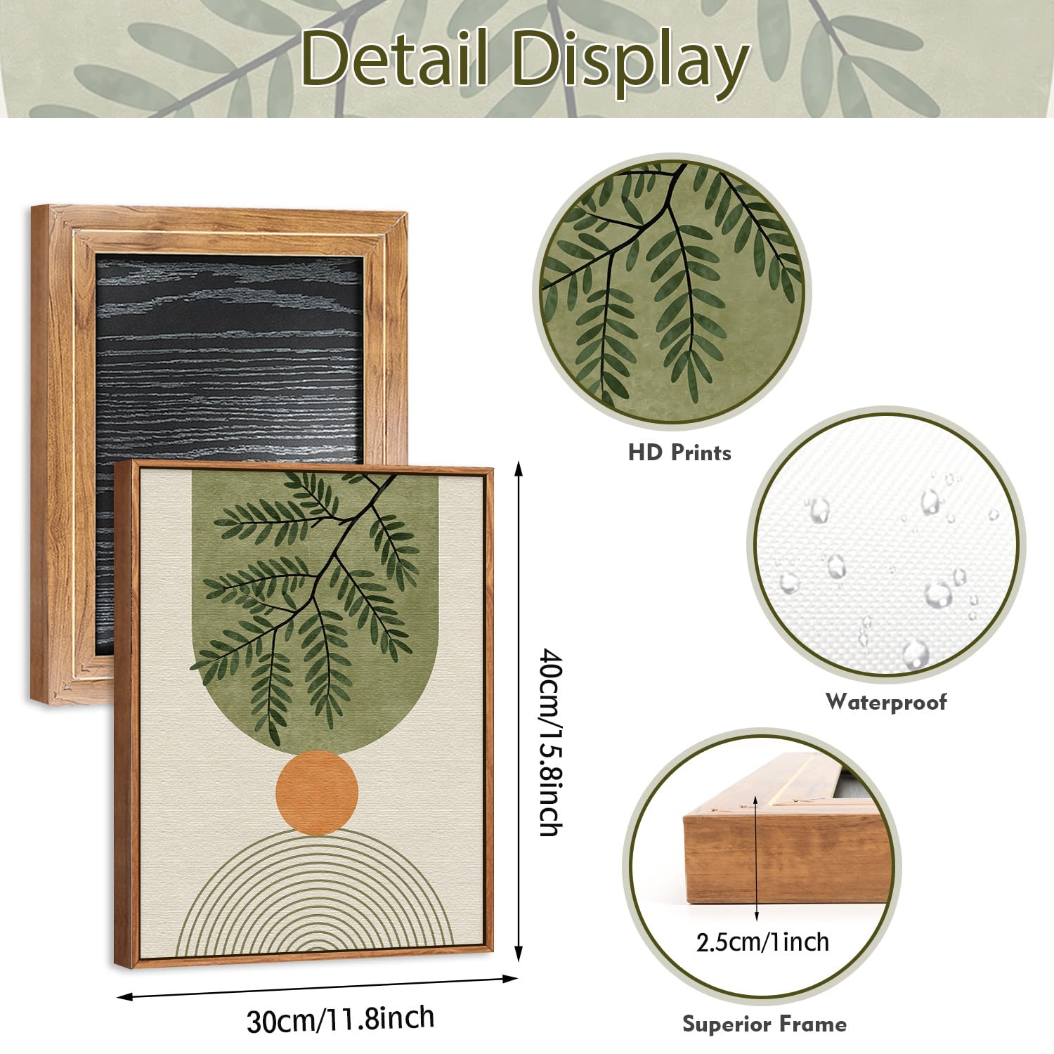 CHDITB 3 Stück Boho Wandkunst Weichgrünes Gerahmtes Leinwanddrucke Wandkunst Set Abstrakte Botanische Moderne Leinwand Wanddekoration Minimalistisches Bilder Grün Wandkunst Wohnzimmer