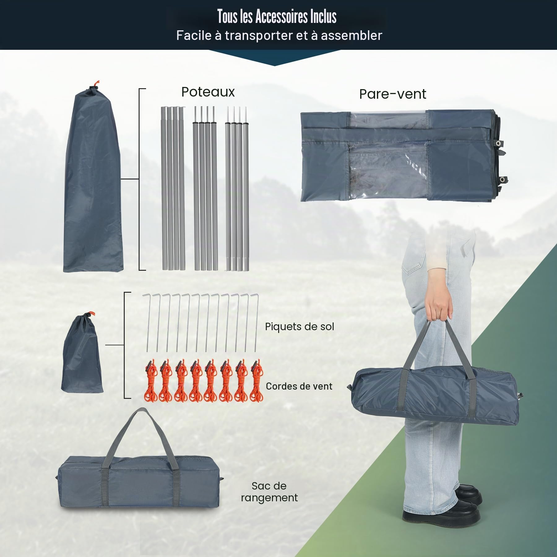 REDCAMP Pare-Vent pour Camping, écran d’intimité extérieur Robuste Bouclier d’intimité de Caravane avec fenêtre supérieure pour Barbecue de Jardin Pique-feu de Camp Plage, Gris/Noir