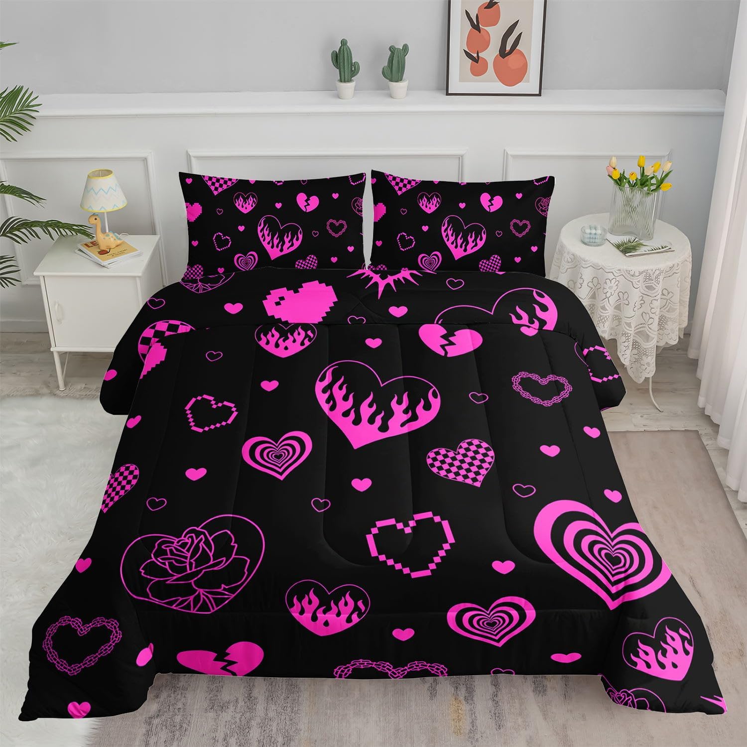 Heart Comforter Set Pink Rose Printed Bedding Set with 1 Comforter and 2 Pillowcases for Boys and Girls Bedroom All Season(Love Queen)