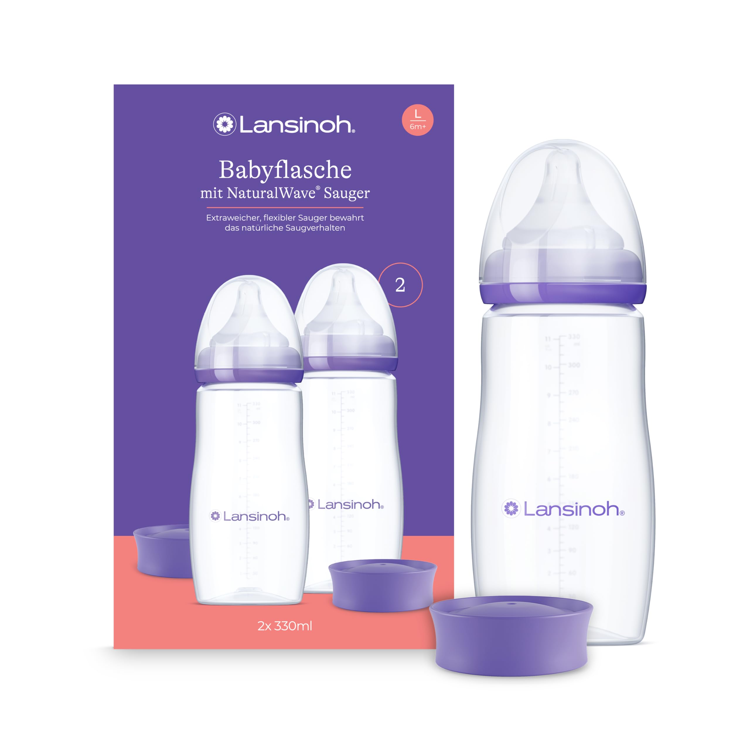 Lansinoh Babyflaschen mit NaturalWave Sauger L, 330 ml - Doppelpack - für Babys ab 6 Monate - Anti Kolik Ventil & BPA frei