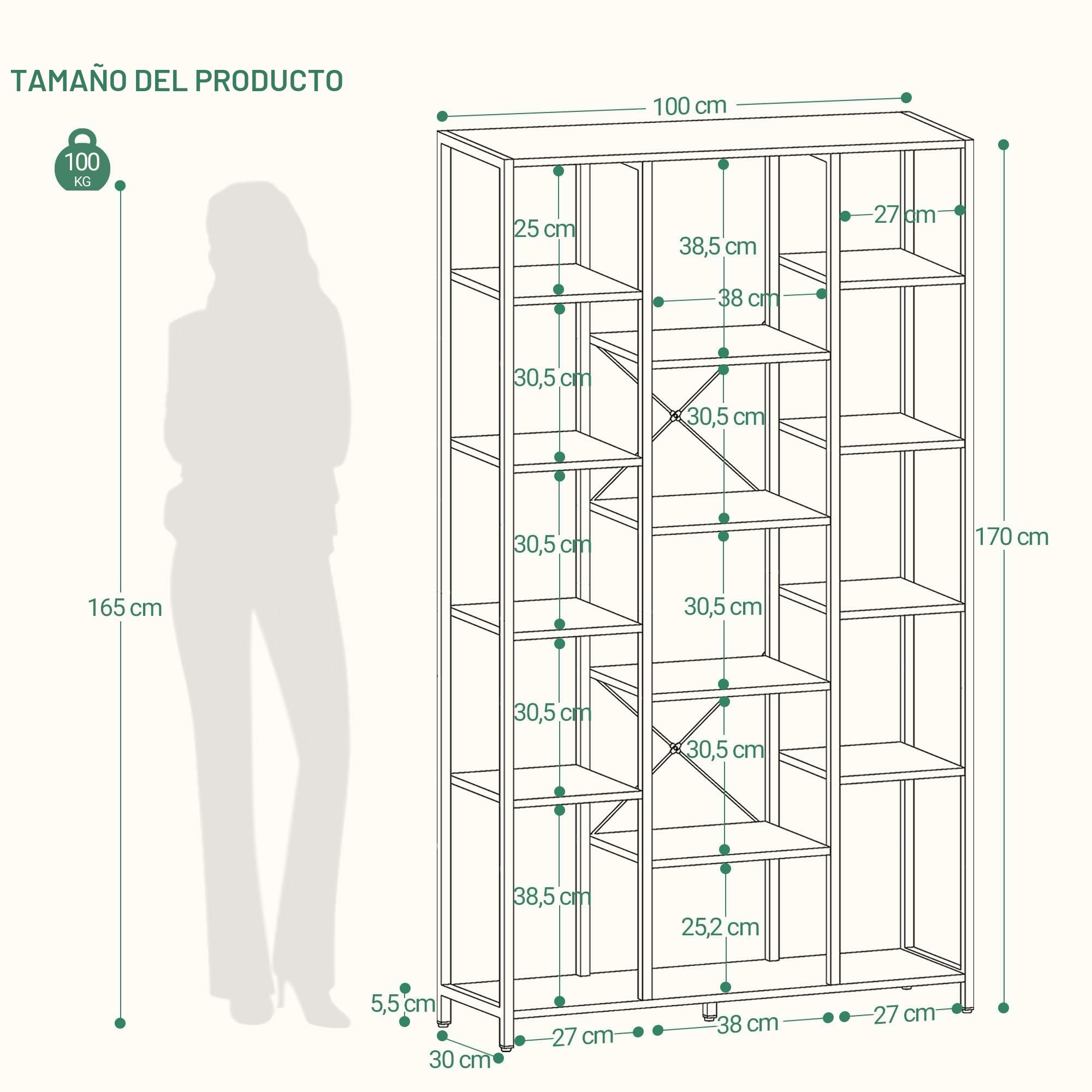 Hzuaneri Librería con 15 Estantes, Estanteria Libros, para Sala de Estar, Estudio, Oficina, 30 x 100 x 170 cm, Marrón Rústico y Negro BC15001B