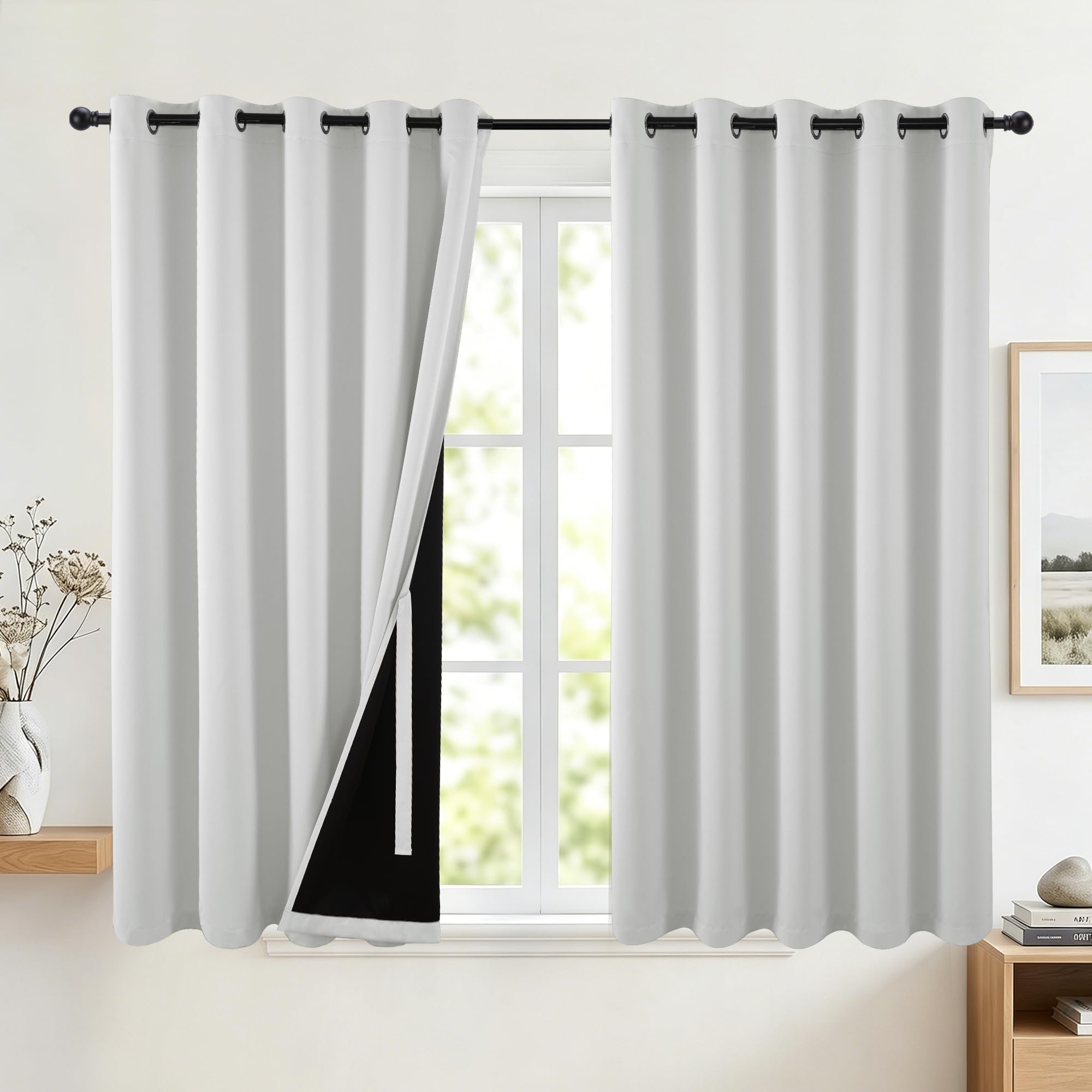 DWCN Total Blackout Curtains with Black Liner 66x54 Greyish White 2 Panels