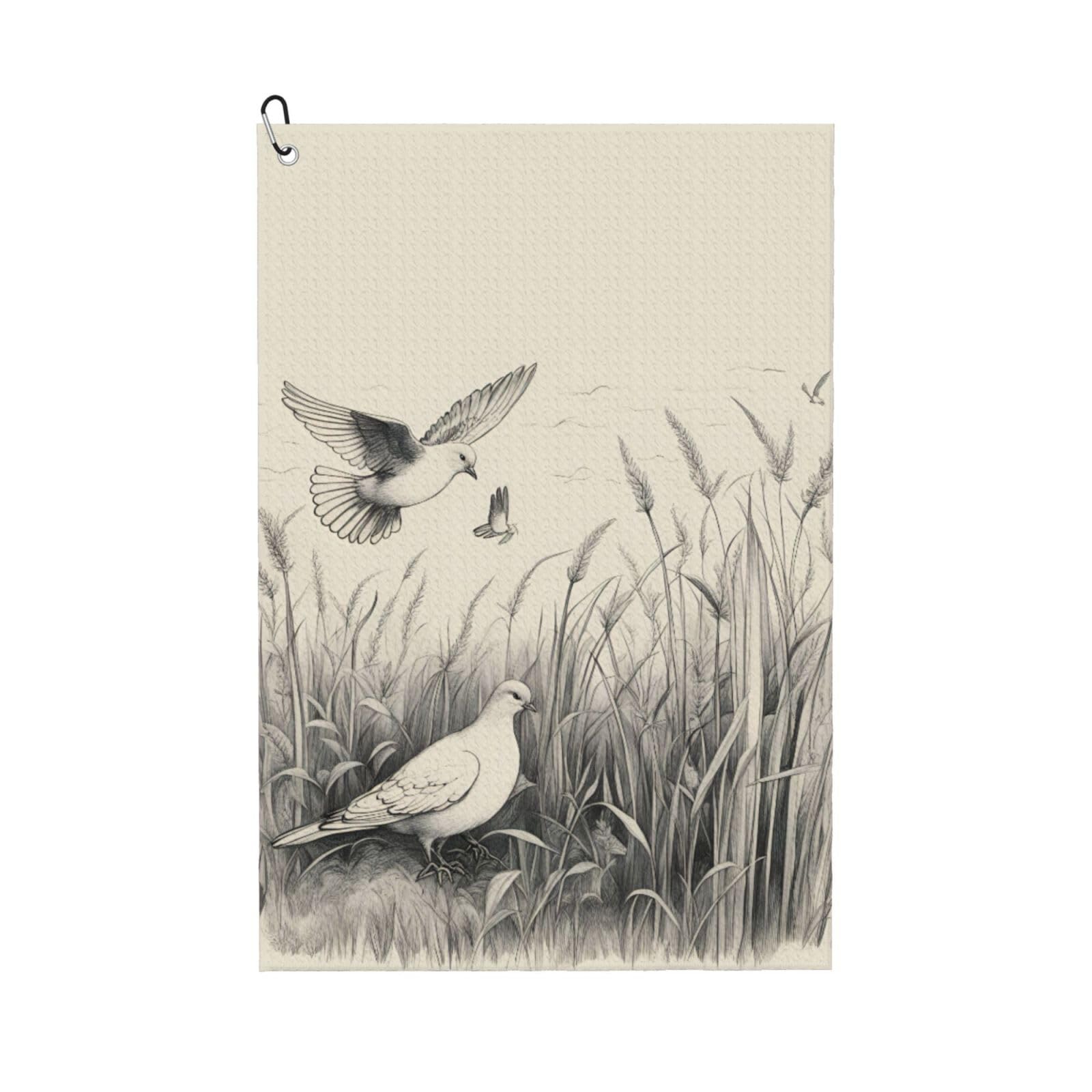 Anceky Grass and Dove Print Golf Towel 24"X16" Microfiber Golf Cleaning Towel with Carabiner Clip for Golf Bags