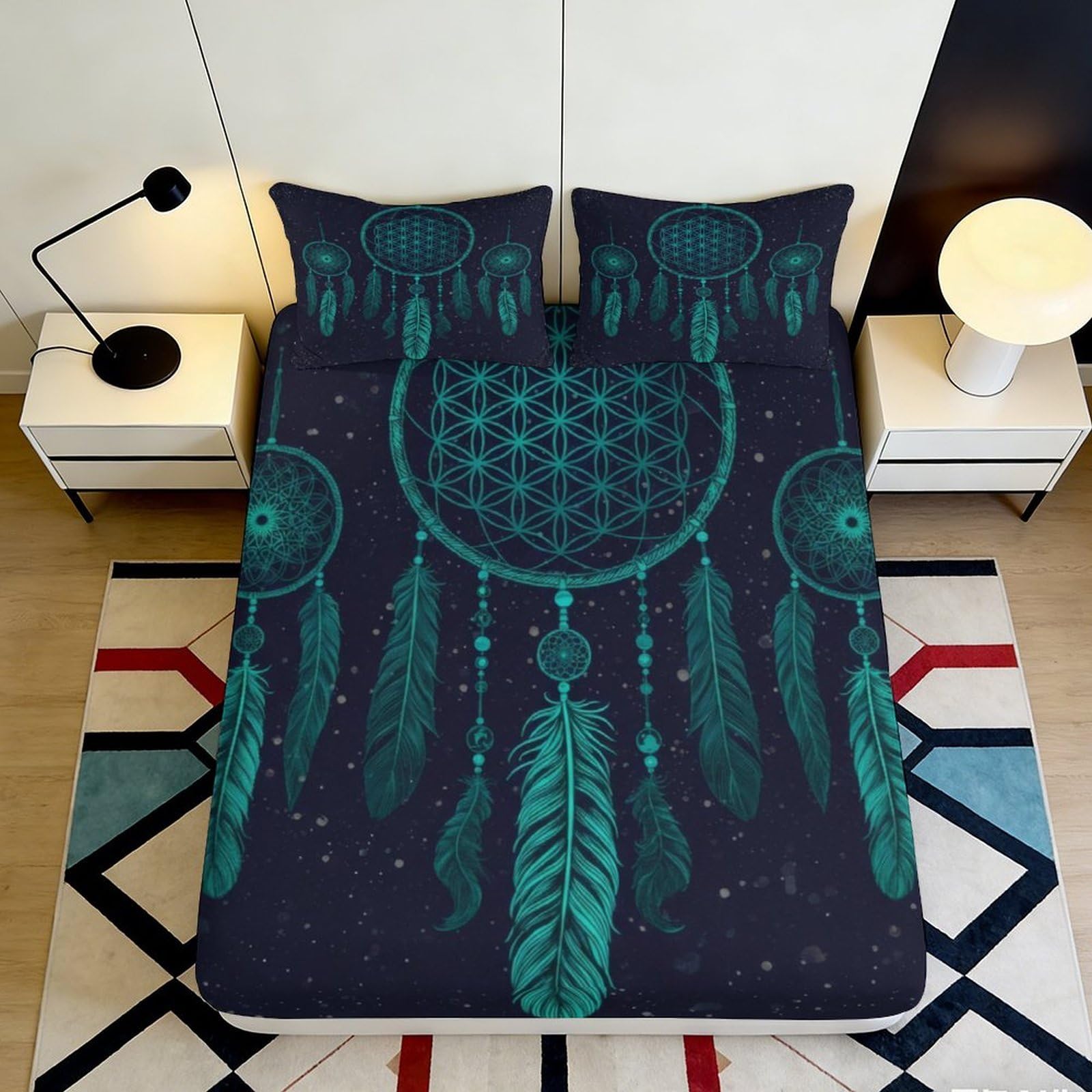 Jqzkxnhpbr Style-7 3D Printed Dreamcatcher Fitted Sheet Microfiber Soft Breathable Turquoise Feather Bed Sheet For Bedroom Decor 90X200x25cm