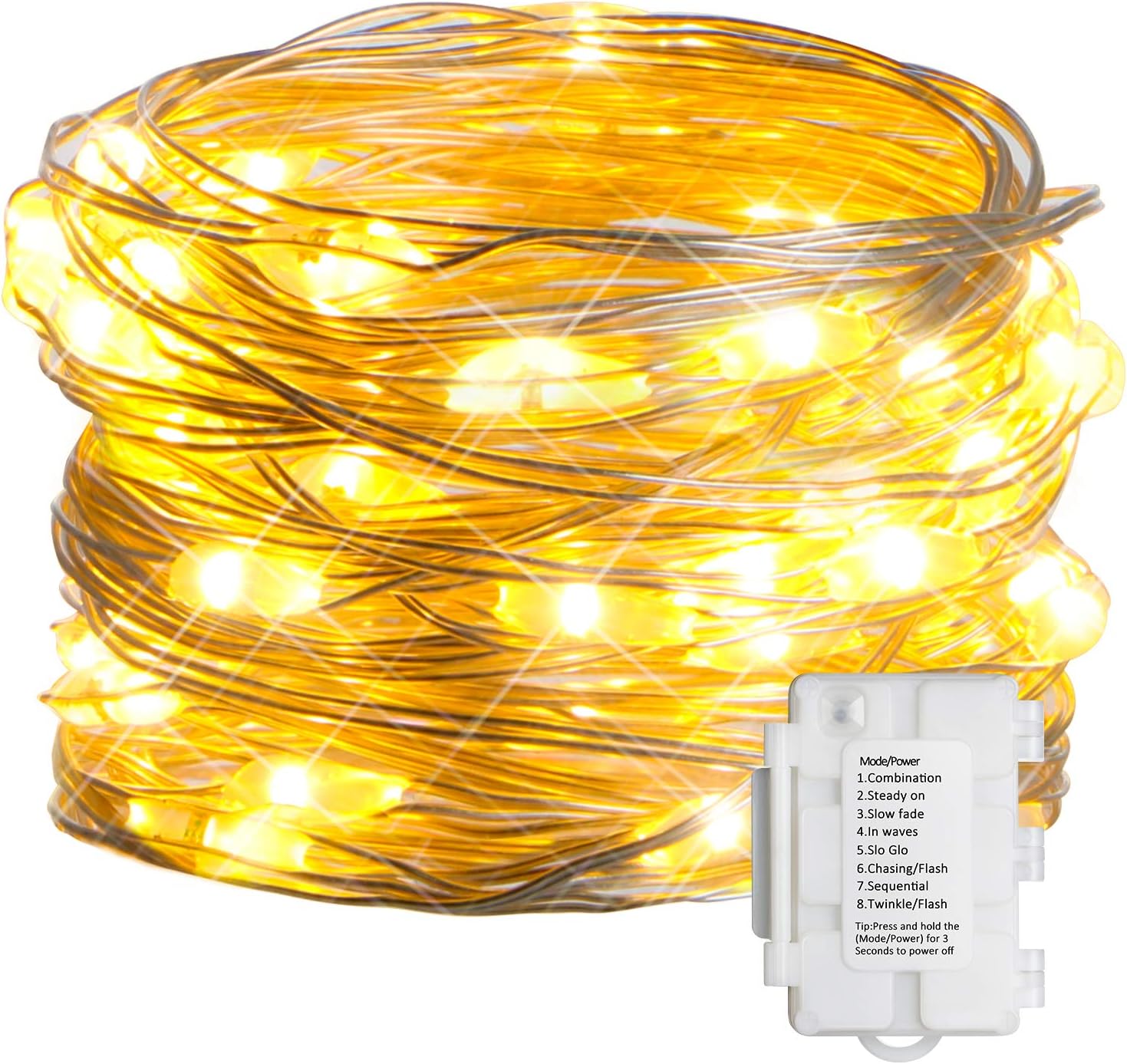 KooPower Outdoor Fairy String Lights Battery Operated, 50 Warm White Micro LEDs on 5M Silver Wire with Timer, 8 Modes Lighting Effects and IP65 Waterproof for Christmas Xmas Tree Wedding Party Garden