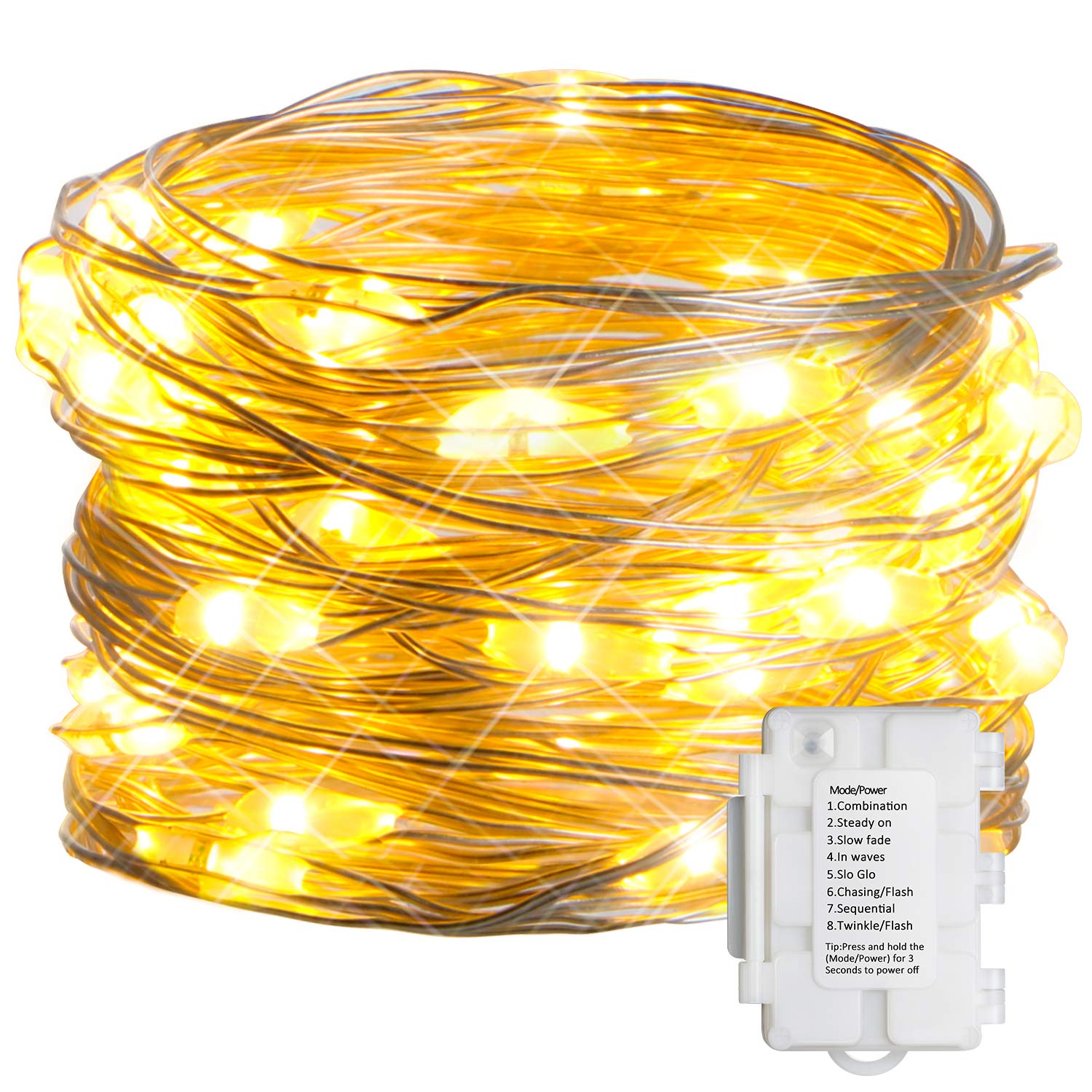 KooPower Outdoor Fairy String Lights Battery Operated, 50 Warm White Micro LEDs on 5M Silver Wire with Timer, 8 Modes Lighting Effects and IP65 Waterproof for Christmas Xmas Tree Wedding Party Garden