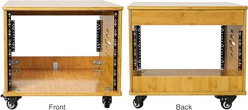 Miniatura 3 de Sound Town Estante de estudio de bambú carbonizado sólido de 8U con profundidad de 16 pulgadas, ventilación, patas de goma, ruedas para sala de