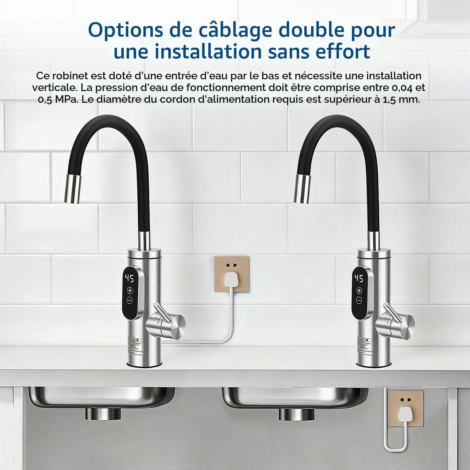 Robinet Chauffant Électrique Сhauffe-Eau,3300W Cuisine Robinet Chauffant, Acier Inoxydable Mitigeur électrique avec LED Température, rotation à 360°, 3S chauffe rapide,Chaude et Froide Réglable