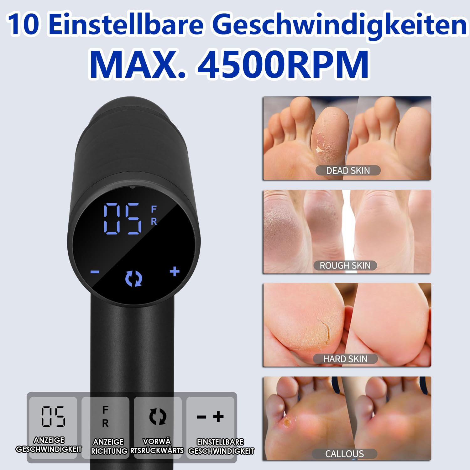 Elektrischer Hornhautentferner 4500rpm Einstellbare Geschwindigkeit Professionell Hornhautentferner Elektrisch Hornhaut Entfernen Pediküre Elektrische Fußfeile, Schwarz FCR-3