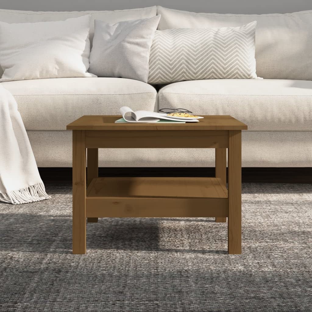 Mesa de centro marrón miel 55 x 55 x 40 cm de madera de pino maciza con estante para salón, mesa auxiliar, mesa de sofá, espacio de almacenamiento, muebles robustos, salón, banco, sillón, sala